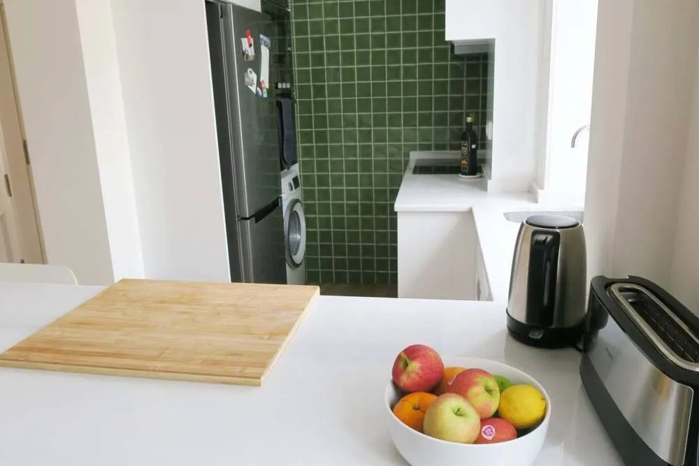 The kitchen area.